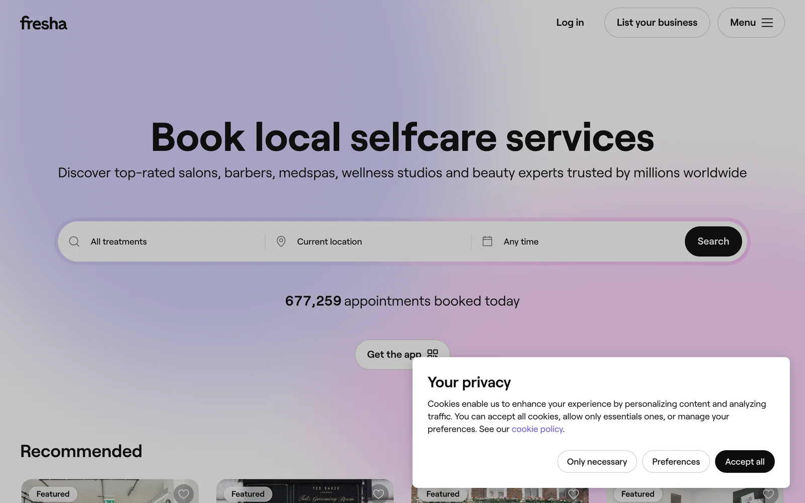 Fresha homepage, May 2026